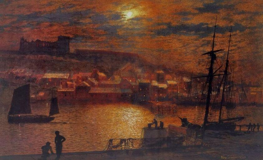 John Atkinson Grimshaw, „Whitby von Scotch Head, Mondlicht auf dem Esk“, 1879